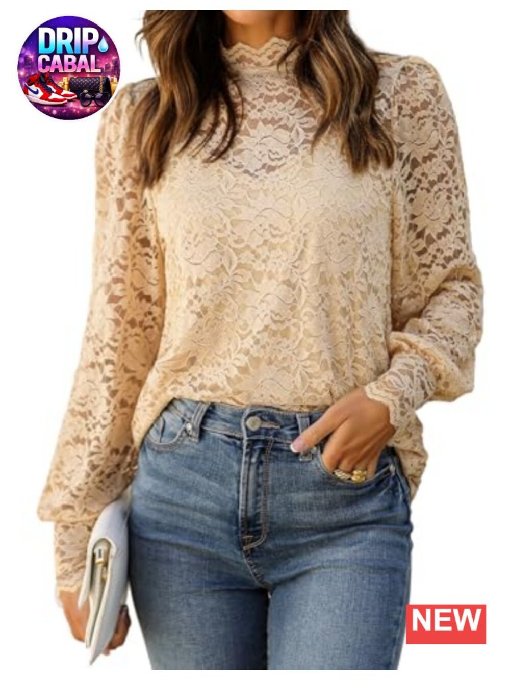 Lace Long Sleeve Blouse Sheer Mock Neck Dressy Casual Top